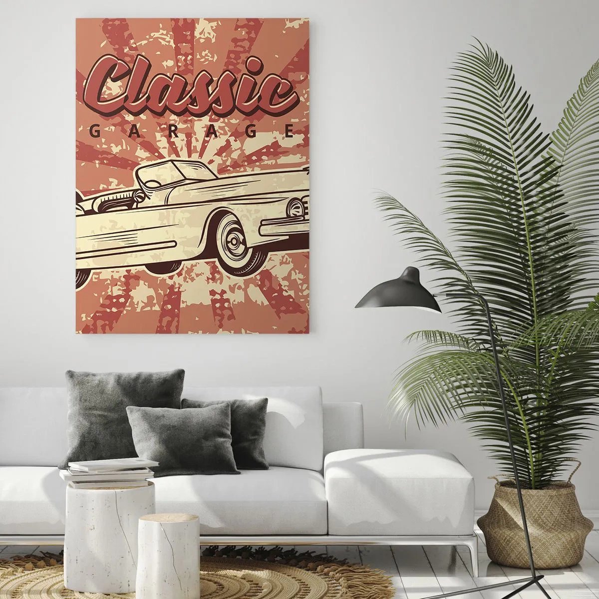 Quadro su vetro - Grafica retrò di un'auto d'epoca su uno sfondo di raggi - 50x70cm - E alla radio Elvis - Decorazione murale moderna per soggiorno e camera da letto ARTTOR