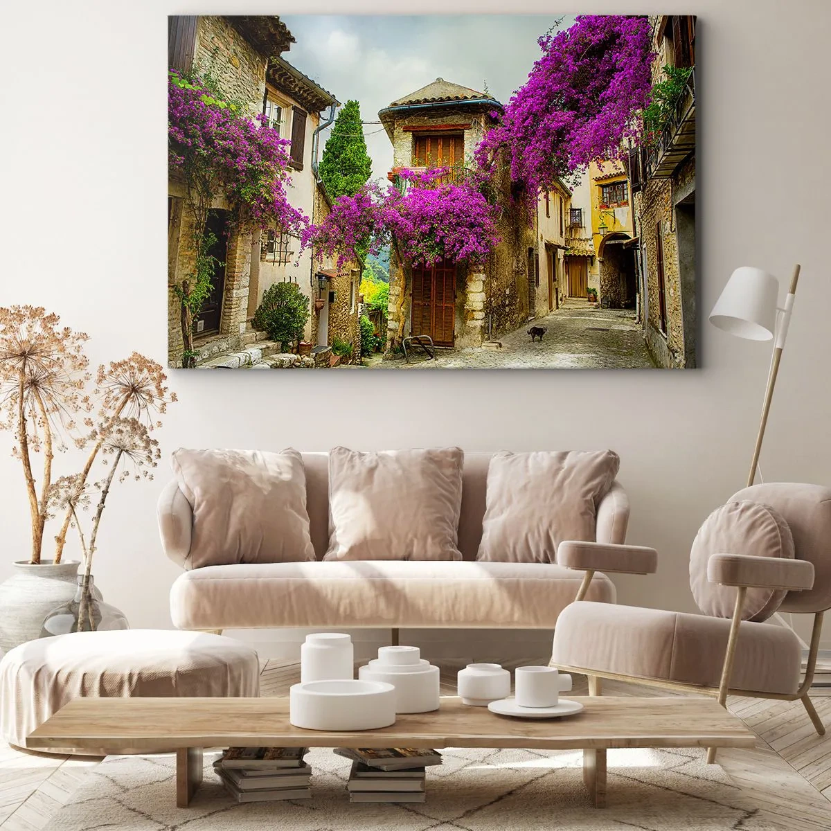 Quadro su tela - Stampe su Tela - Una strada di pietra con fiori rosa e case - 70x50cm - Sotto un baldacchino di fiori - Decorazione murale moderna per soggiorno e camera da letto ARTTOR