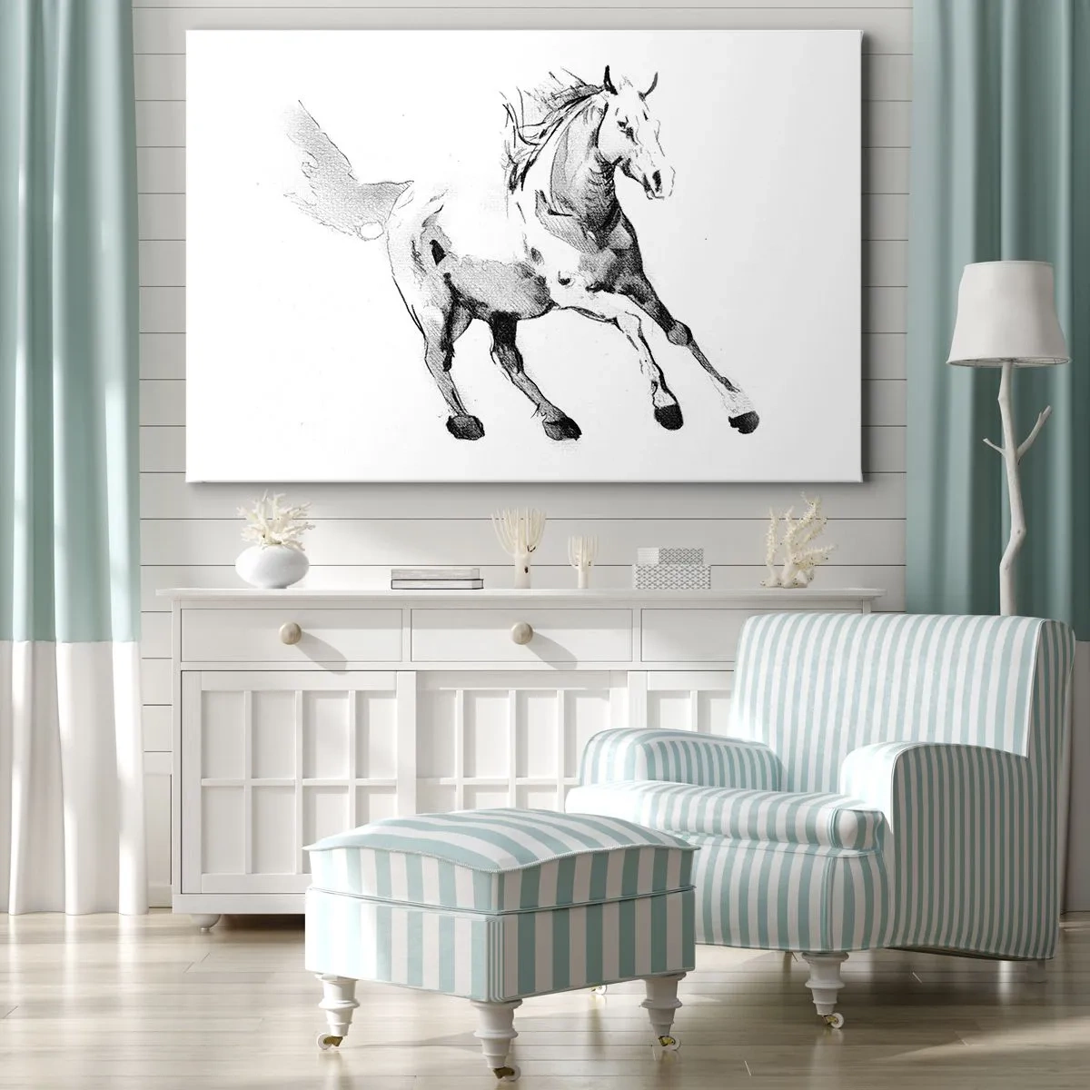Quadro su tela - Stampe su Tela - Schizzo di un cavallo al galoppo nei toni del bianco e nero - 100x70cm - Anima indomabile - Decorazione murale moderna per soggiorno e camera da letto ARTTOR