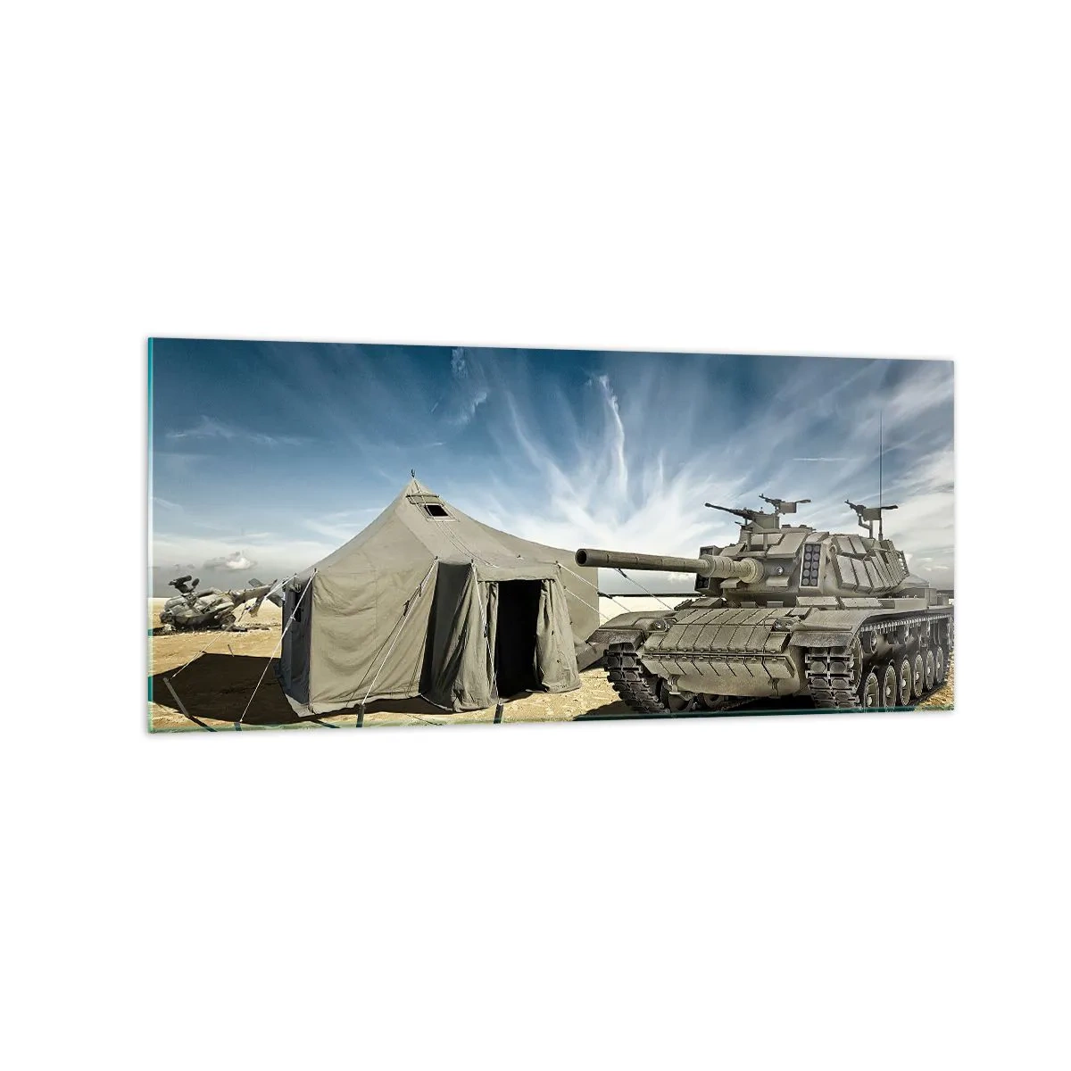 Quadro su vetro - Un carro armato accanto a una tenda militare in una zona desertica - 120x50cm - Sogno militare - Decorazione murale moderna per soggiorno e camera da letto ARTTOR
