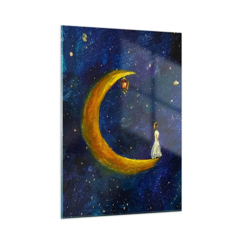 Quadro su vetro - Una figura sulla luna nel cielo notturno - 50x70cm - Il richiamo del mondo - Decorazione murale moderna per soggiorno e camera da letto ARTTOR