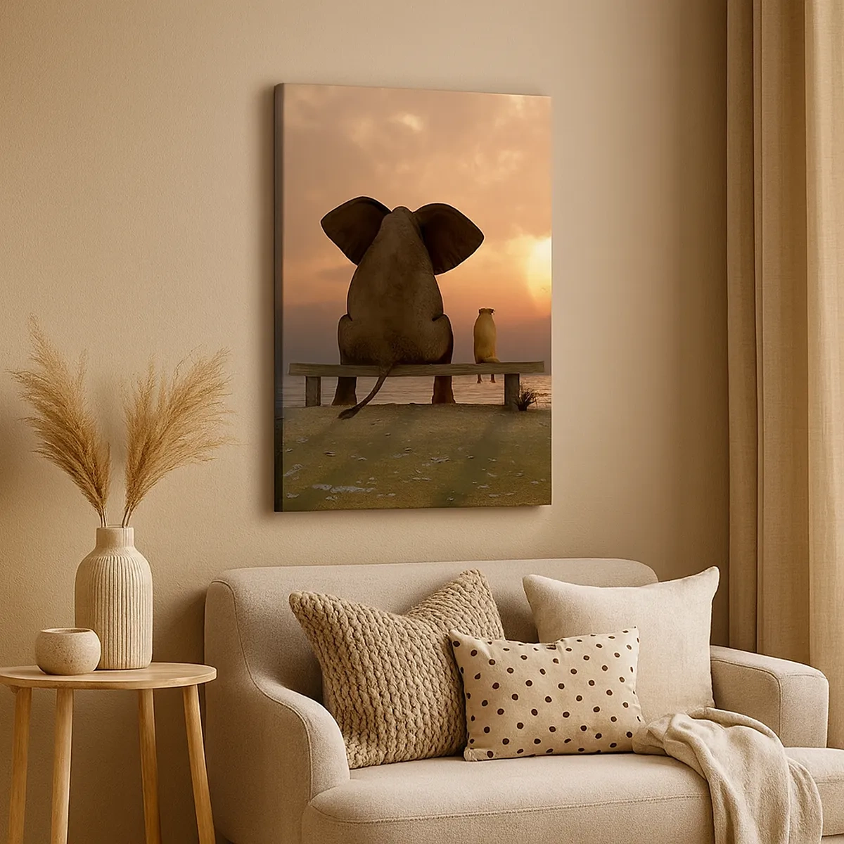Quadro su tela - Stampe su Tela - Un elefante e un cane sono seduti su una panchina sulla spiaggia durante il tramonto. - 50x70cm - A volte bisogna tacere - Decorazione murale moderna per soggiorno e camera da letto ARTTOR