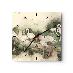 Orologio da parete - Orologio in Vetro - Fenicotteri nel loro ambiente naturale in stile acquerello - 30x30cm - Sogno esotico - Decorazione murale moderna per soggiorno e camera da letto ARTTOR