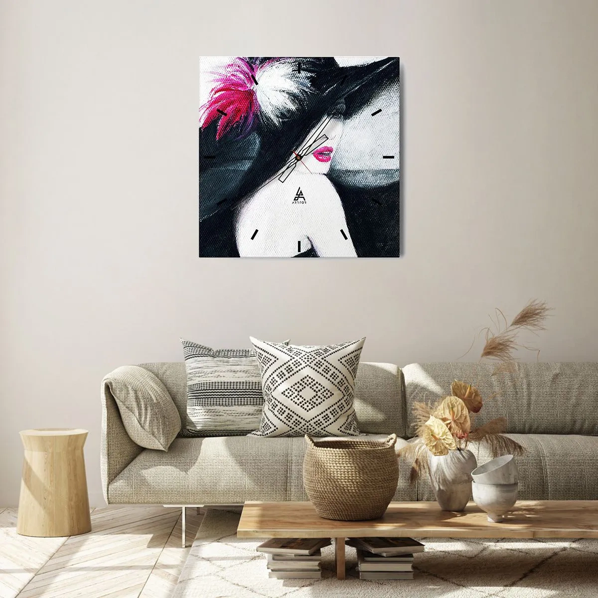 Orologio da parete - Orologio in Vetro - Donna elegante con cappello piumato - 30x30cm - Sempre un mistero - Decorazione murale moderna per soggiorno e camera da letto ARTTOR