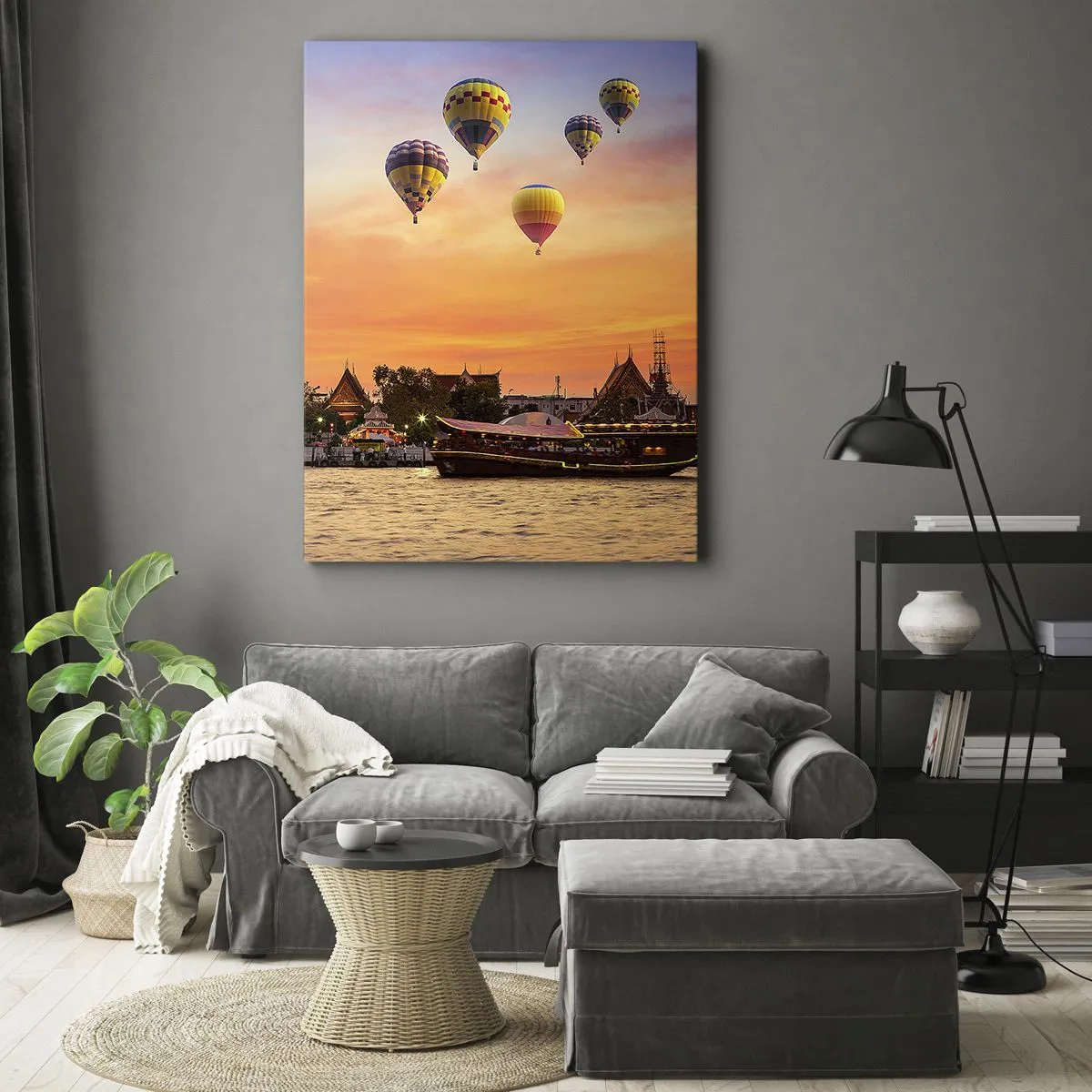 Quadro su tela - Stampe su Tela - Un tempio e palloncini sullo sfondo del sole al tramonto sul fiume - 50x70cm - Qui nascono le favole - Decorazione murale moderna per soggiorno e camera da letto ARTTOR