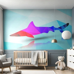 Fotomurali Premium Sand - Silhouette geometrica di uno squalo su sfondo blu - 100x70cm - Squalo nello spazio di cristallo - Decorazione murale moderna per soggiorno e camera da letto ARTTOR