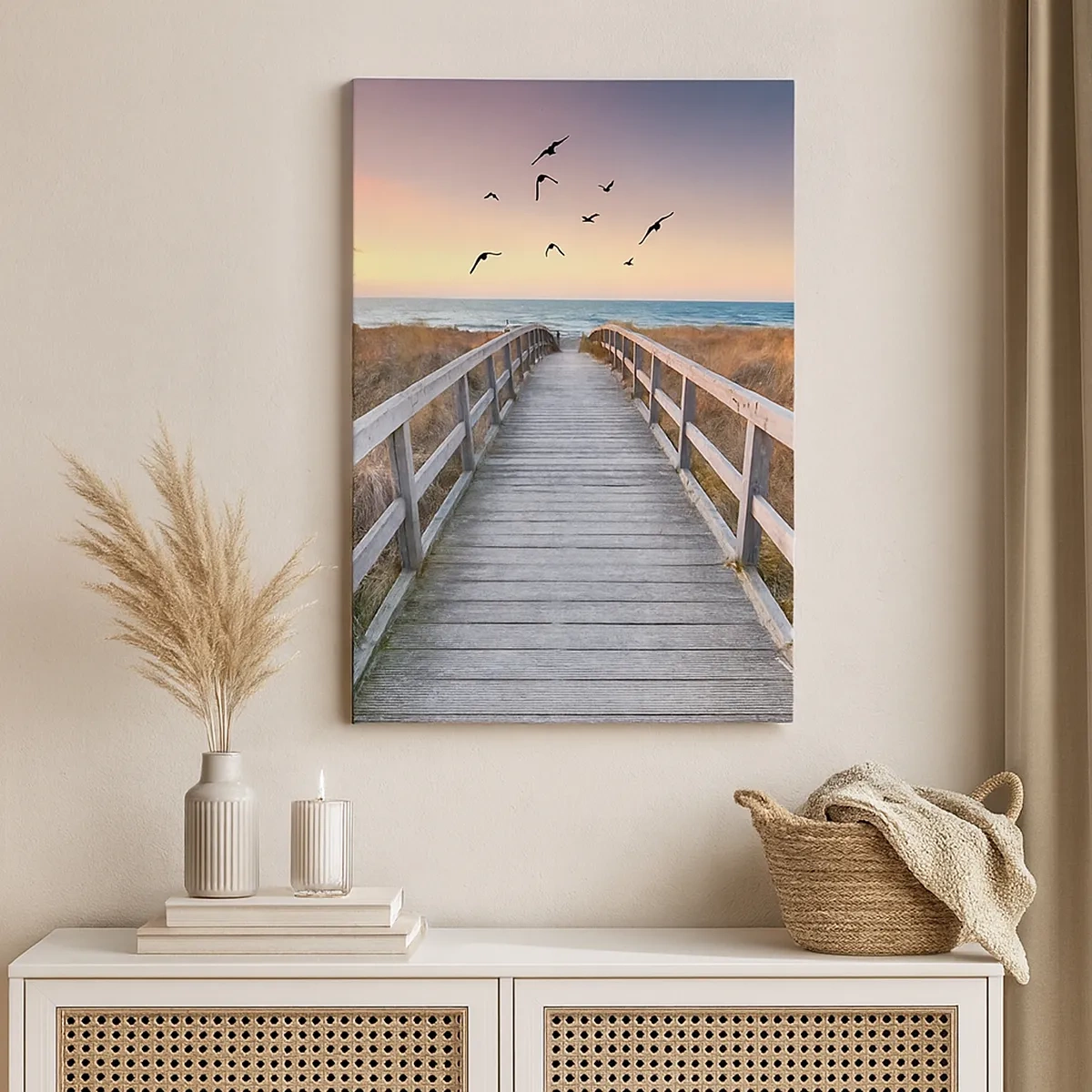 Quadro su tela - Stampe su Tela - Molo di legno che conduce alla spiaggia al tramonto - 50x70cm - Spazio per volare - Decorazione murale moderna per soggiorno e camera da letto ARTTOR
