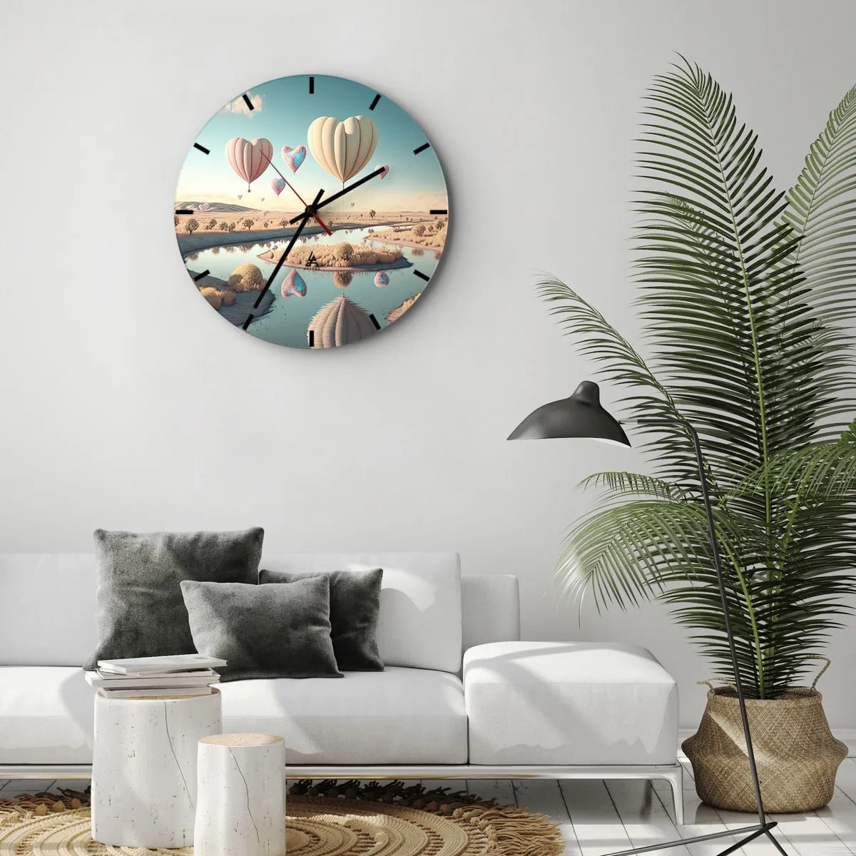 Orologio da parete - Orologio in Vetro - Palloncini a forma di cuore che fluttuano sul fiume - 30x30cm - L'amore permette di volare - Decorazione murale moderna per soggiorno, cucina e camera da letto ARTTOR