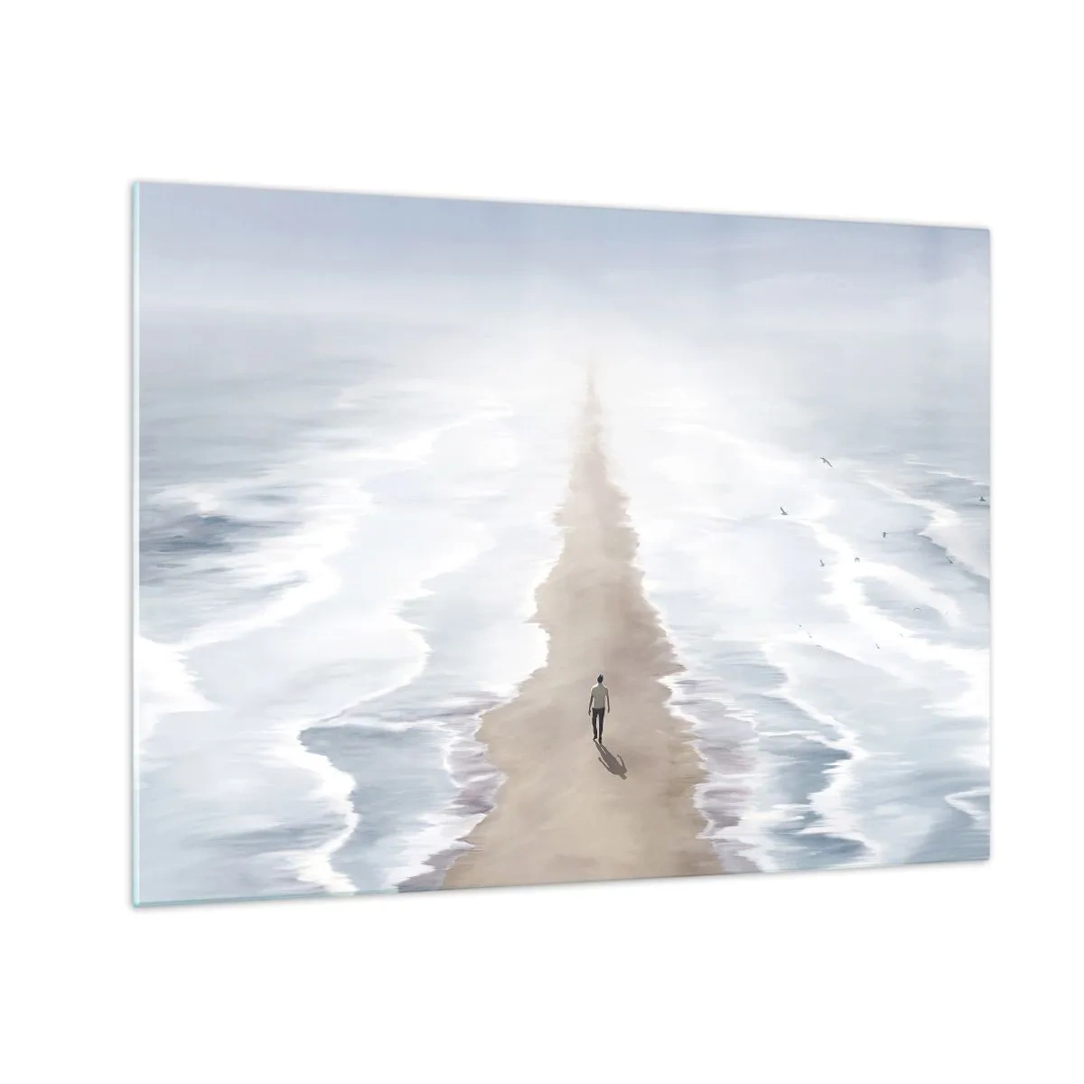 Quadro su vetro - Una figura che cammina da sola verso l'orizzonte tra le onde - 70x50cm - Un futuro luminoso - Decorazione murale moderna per soggiorno e camera da letto ARTTOR