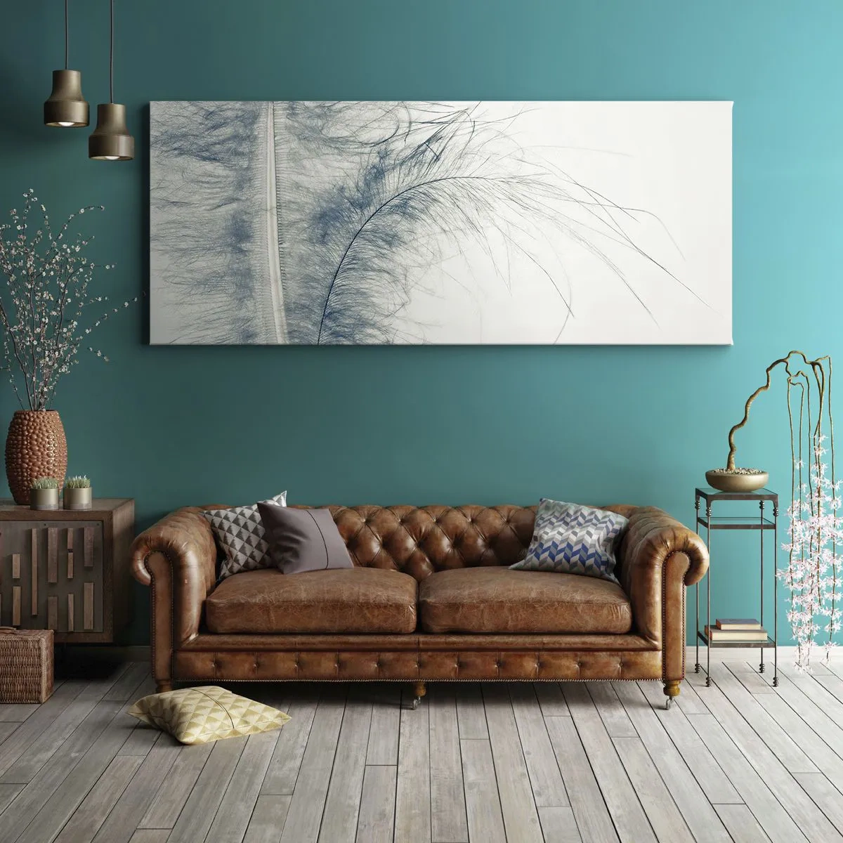 Quadro su tela - Stampe su Tela - Una piuma delicata in tonalità pastello su uno sfondo chiaro - 160x50cm - Il sussurro della natura - Decorazione murale moderna per soggiorno e camera da letto ARTTOR