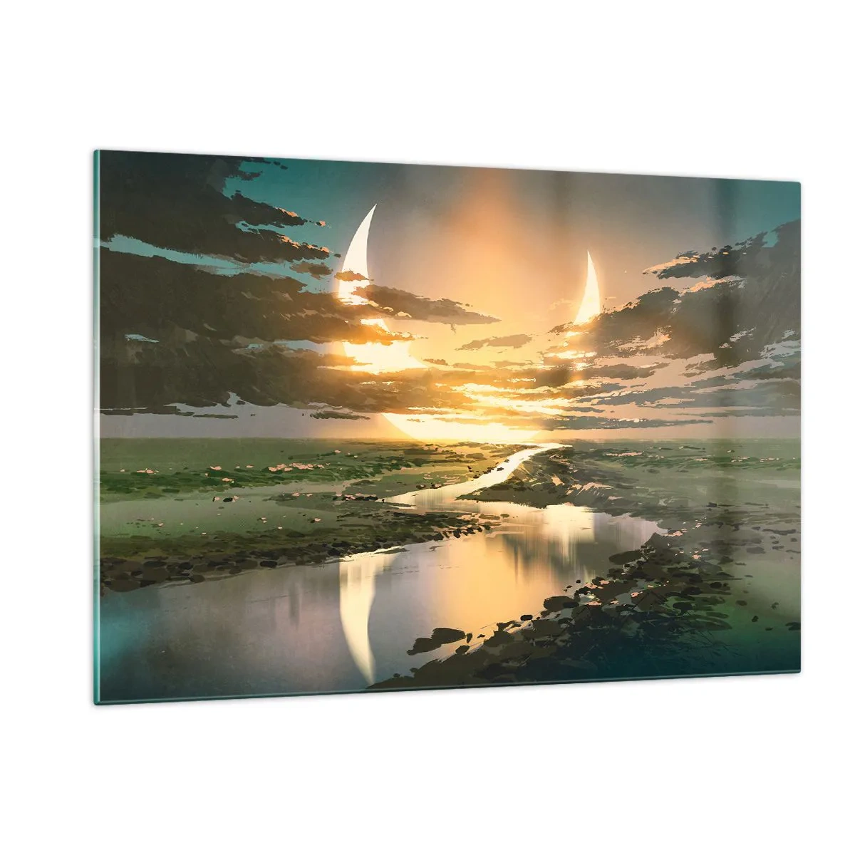 Quadro su vetro - Un paesaggio fantastico con una doppia luna sul fiume - 120x80cm - Da qualche parte in una galassia lontana - Decorazione murale moderna per soggiorno e camera da letto ARTTOR