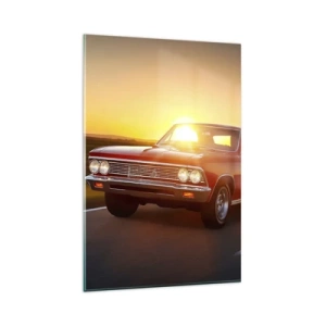 Quadro su vetro - Un'auto rossa al tramonto su una strada aperta - 80x120cm - Il desiderio è di colore rosso - Decorazione murale moderna per soggiorno e camera da letto ARTTOR