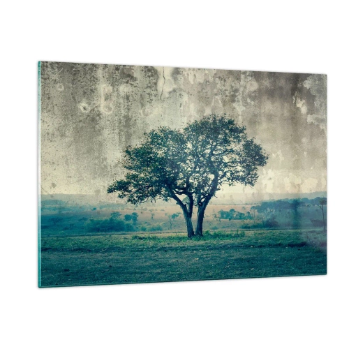 Quadro su vetro - Un albero solitario in un paesaggio d'epoca - 120x80cm - Un melo su un prato blu? - Decorazione murale moderna per soggiorno e camera da letto ARTTOR