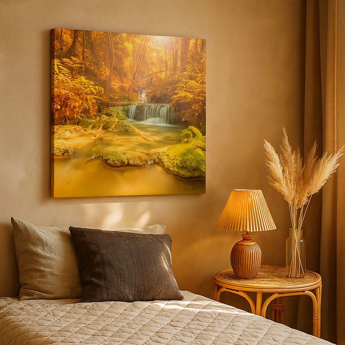 Quadro su tela - Stampe su Tela - Cascata boschiva in oro - 30x30 cm