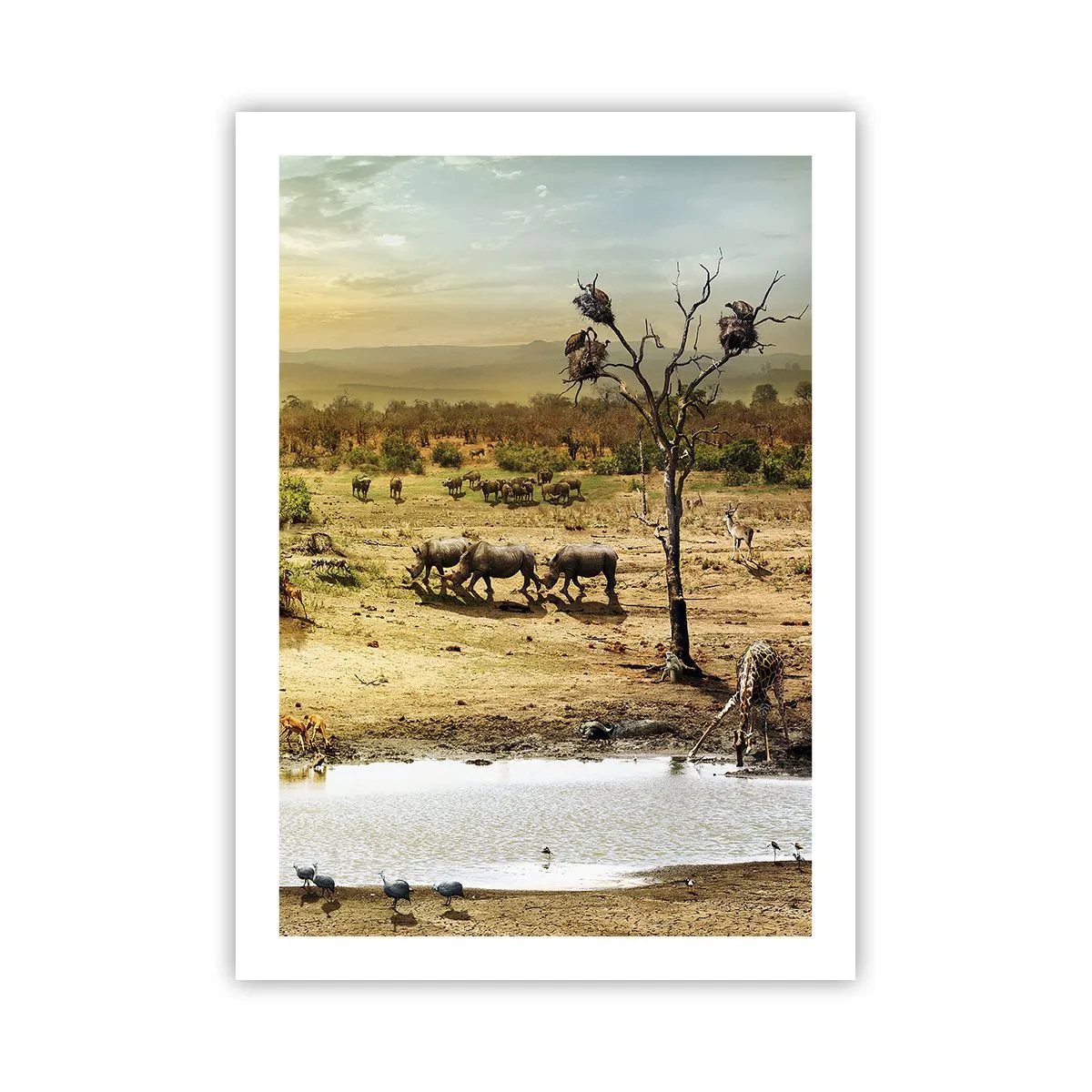 Poster - Savana con rinoceronti e abbeveratoio - 50x70cm - "Un fiume usciva da Eden…" - Decorazione murale moderna per soggiorno e camera da letto ARTTOR