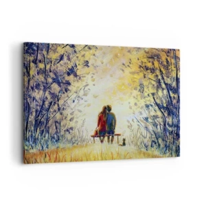 Quadro su tela - Stampe su Tela - Una coppia seduta su una panchina tra gli alberi autunnali alla luce del sole - 120x80cm - Attimo magico - Decorazione murale moderna per soggiorno e camera da letto ARTTOR