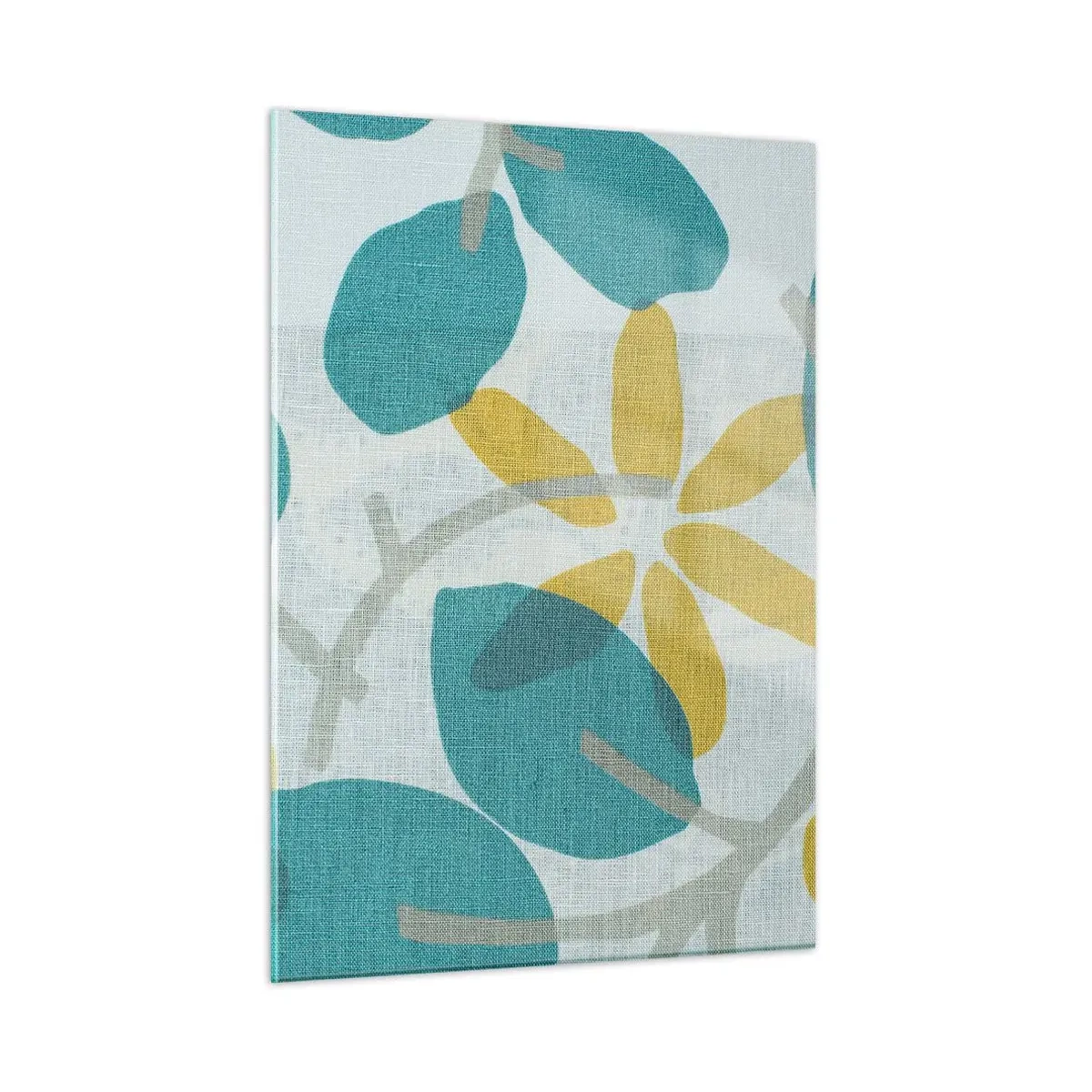 Quadro su vetro - Un grafico vegetale con foglie azzurre e fiori gialli - 50x70cm - Tra le foglie azzurre - Decorazione murale moderna per soggiorno e camera da letto ARTTOR