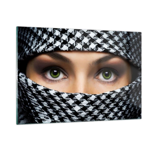 Quadro su vetro - Occhi verdi circondati da un motivo bianco e nero - 120x80cm - Ritratto di bellezza velata con gli occhi verdi - Decorazione murale moderna per soggiorno e camera da letto ARTTOR