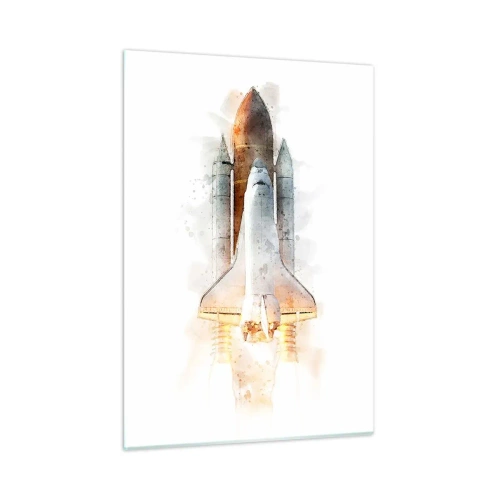 Quadro su vetro - Uno space shuttle in decollo in stile acquerello su sfondo bianco. - 50x70cm - La partenza degli esploratori - Decorazione murale moderna per soggiorno e camera da letto ARTTOR