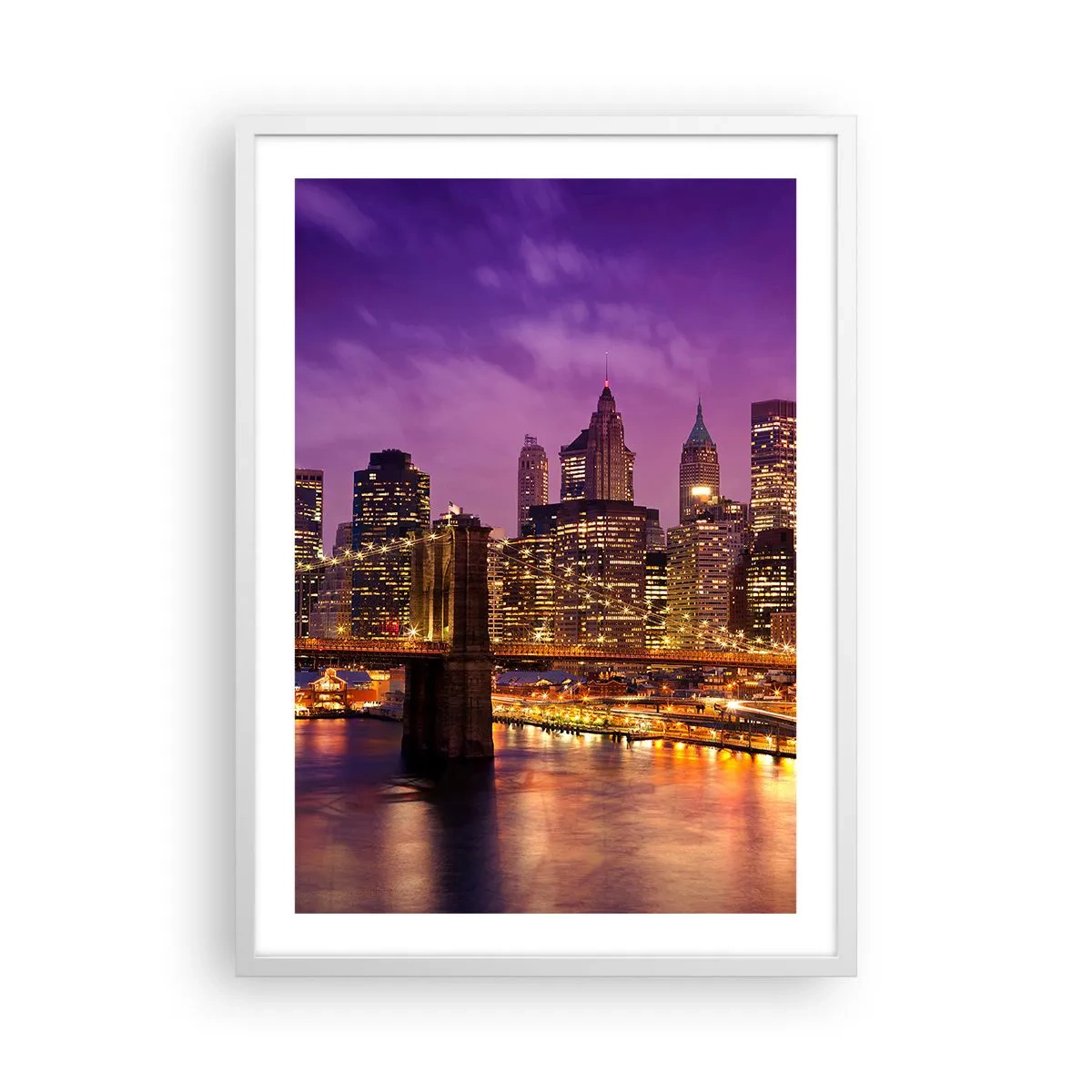 Poster in cornice bianca - Manhattan in viola e oro - 50x70 cm