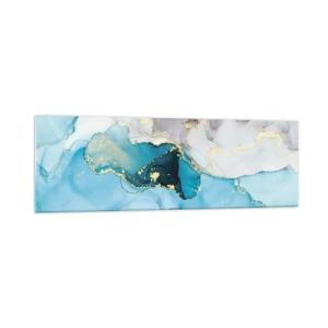 Quadro su vetro - Astrazione nei toni del blu e dell'oro con linee sottili - 160x50cm - Studio di incontro tra grigio e turchese - Decorazione murale moderna per soggiorno e camera da letto ARTTOR