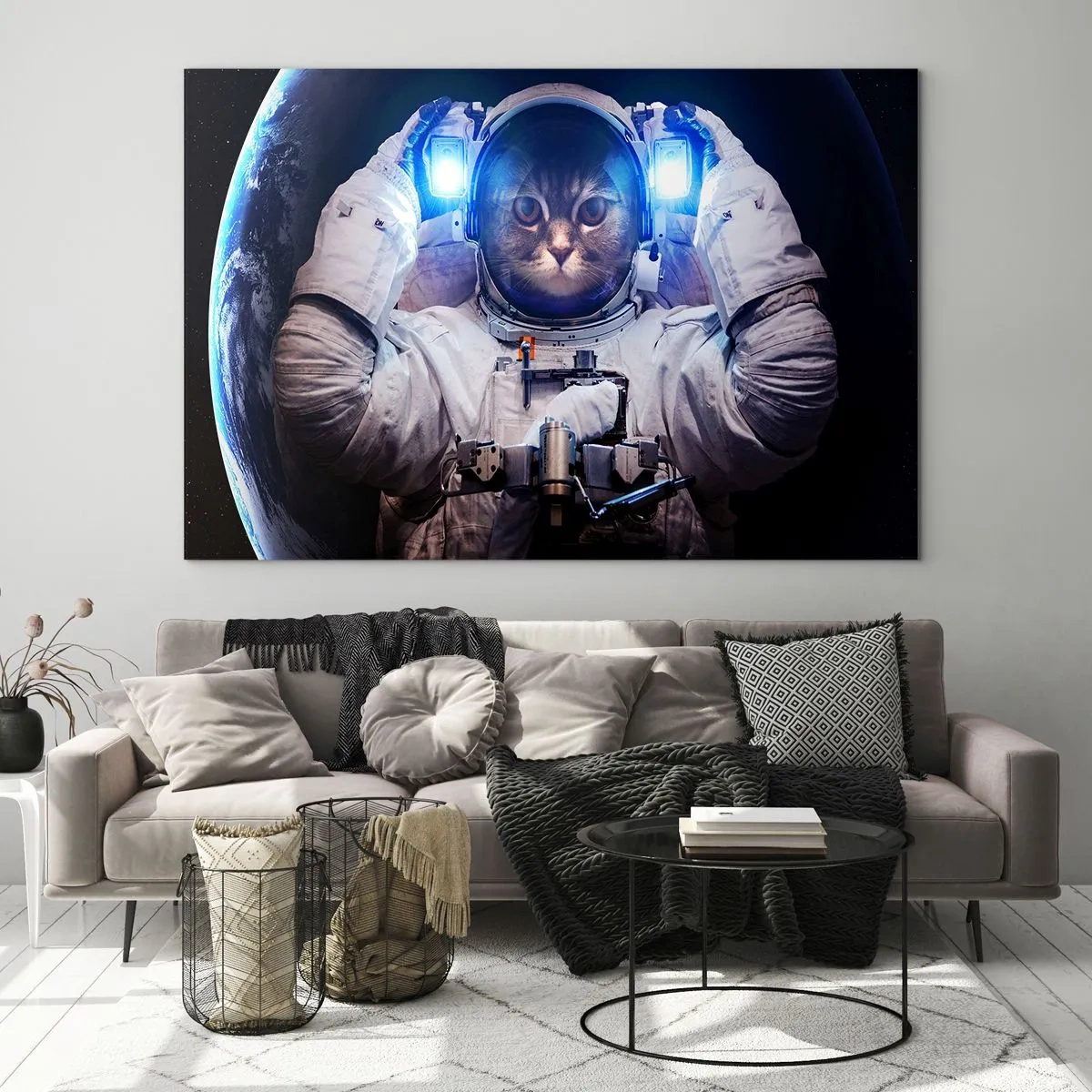 Quadro su vetro - Un cosmonauta con la testa di gatto nello spazio - 70x50cm - Houston, avete un problema - Decorazione murale moderna per soggiorno e camera da letto ARTTOR