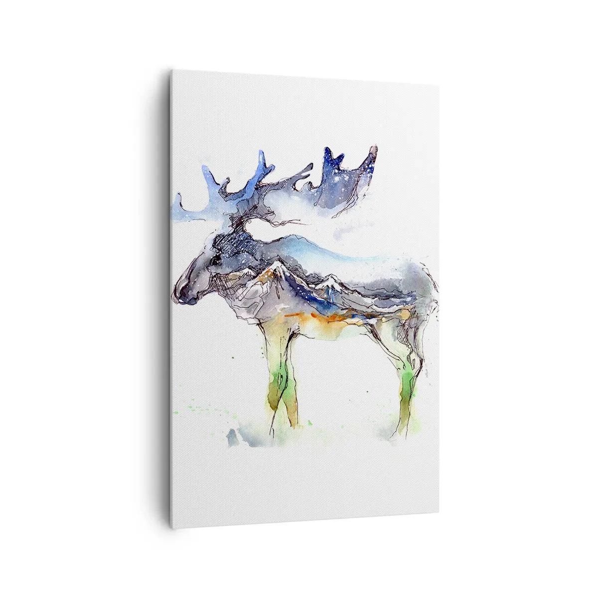Quadro su tela - Stampe su Tela - Sagoma ad acquerello di un alce con un paesaggio montano - 80x120cm - Il protagonista dei racconti invernali - Decorazione murale moderna per soggiorno e camera da letto ARTTOR