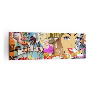 Quadro su tela - Stampe su Tela - Un collage colorato con elementi retrò e pop art. - 160x50cm - Retrospettiva di vacanza - Decorazione murale moderna per soggiorno e camera da letto ARTTOR