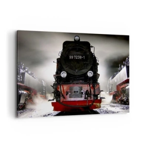 Quadro su tela - Stampe su Tela - Una locomotiva a vapore circondata dal vapore contro un cielo scuro in un ambiente suggestivo - 120x80cm - Ansima, sbuffa e soffia - Decorazione murale moderna per soggiorno e camera da letto ARTTOR