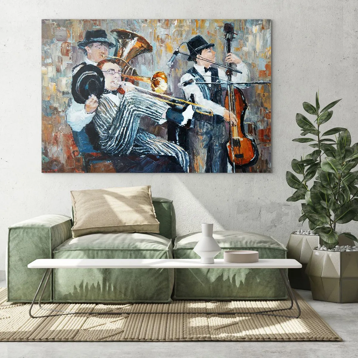 Quadro su vetro - Una jazz band in una scena impressionista e suggestiva - 100x70cm - Tutto il jazz - Decorazione murale moderna per soggiorno e camera da letto ARTTOR