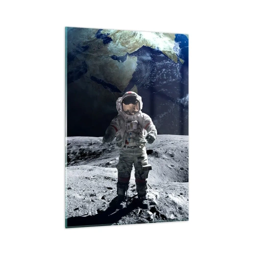 Quadro su vetro - Astronauta sulla superficie della Luna con la Terra sullo sfondo - 80x120cm - Saluti dalla luna - Decorazione murale moderna per soggiorno e camera da letto ARTTOR