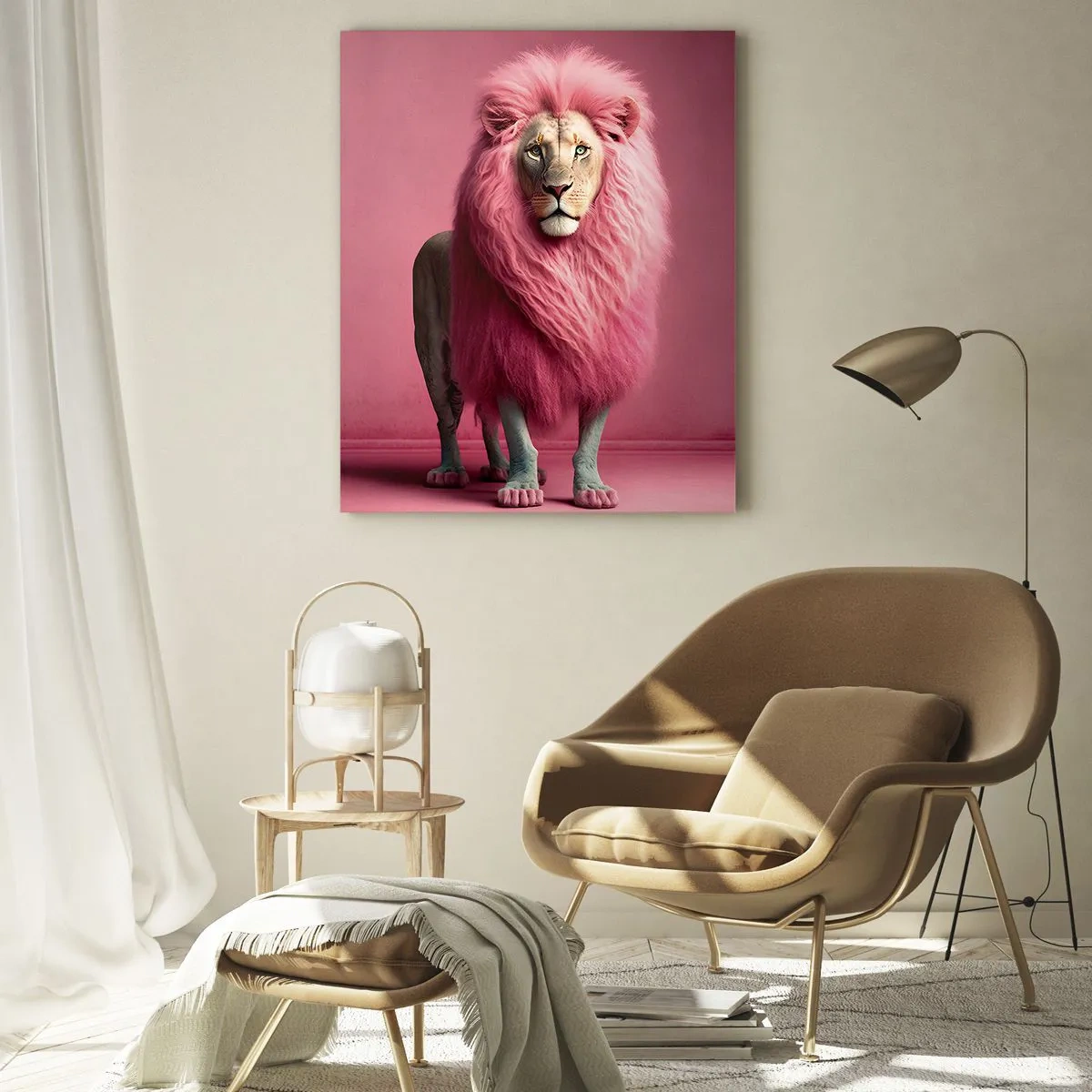 Quadro su vetro - Un leone con la criniera rosa contro una parete pastello - 50x70cm - E non mette più paura - Decorazione murale moderna per soggiorno e camera da letto ARTTOR