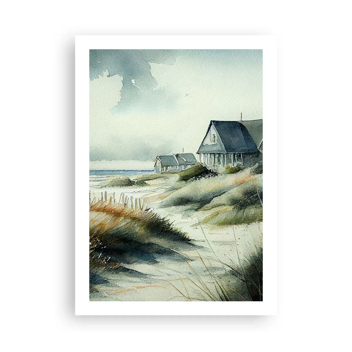 Poster - Casa sulla spiaggia con vista mare dipinta ad acquerello - 50x70cm - Lontano dal caos - Decorazione murale moderna per soggiorno e camera da letto ARTTOR