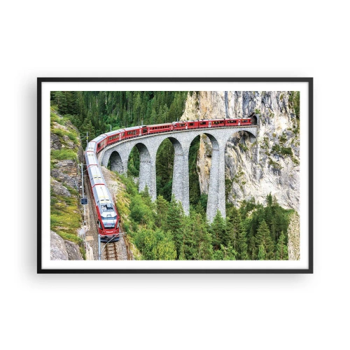 Poster in cornice nera - Un treno su un pittoresco viadotto in un paesaggio montuoso - 100x70cm - Il treno tra i monti - Decorazione murale moderna per soggiorno e camera da letto ARTTOR