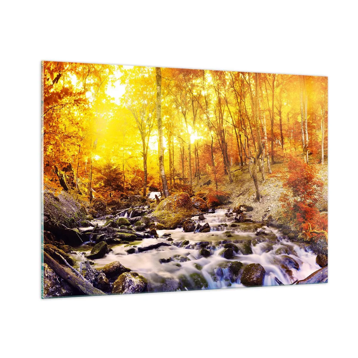 Quadro su vetro - Foresta autunnale con un fiume nei raggi di luce calda - 100x70cm - Pietre incorniciate in oro e platino - Decorazione murale moderna per soggiorno e camera da letto ARTTOR