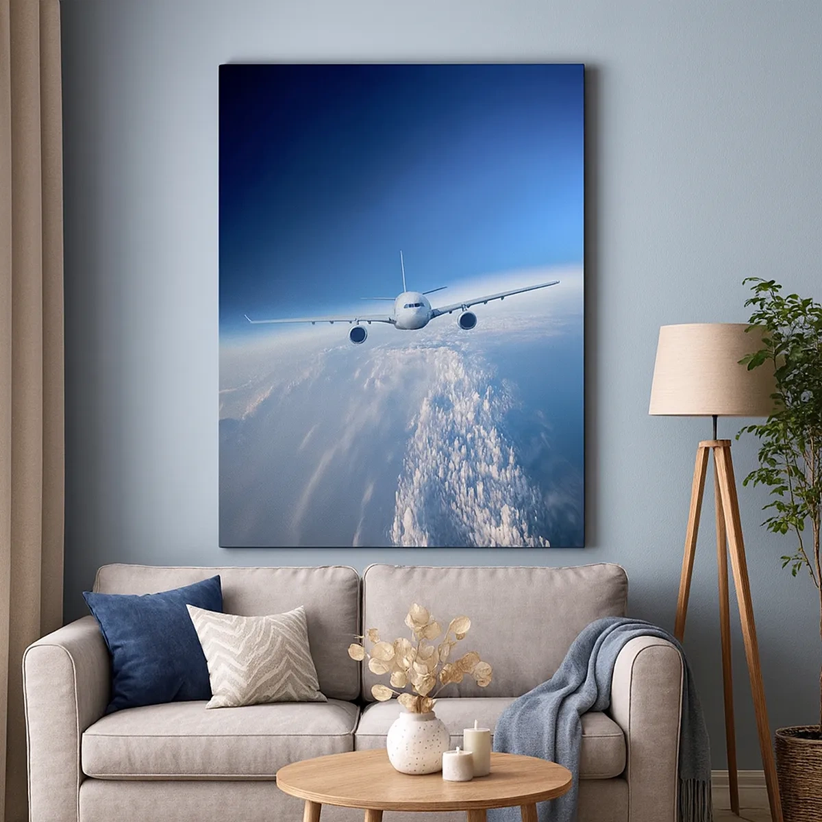 Quadro su tela - Stampe su Tela - Un aereo che vola sopra le nuvole contro un cielo blu - 50x70cm - Voglia di volare - Decorazione murale moderna per soggiorno e camera da letto ARTTOR