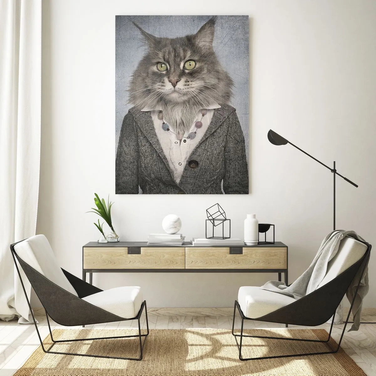 Quadro su vetro - Tre ritratti surreali di animali in eleganti costumi umani. - 50x70cm - Le pellicce sono nuovamente di moda - Decorazione murale moderna per soggiorno e camera da letto ARTTOR