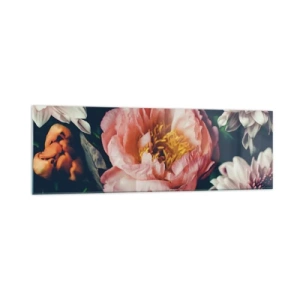 Quadro su vetro - Composizione floreale con peonia e crisantemi su sfondo scuro - 160x50cm - Con fasto barocco - Decorazione murale moderna per soggiorno e camera da letto ARTTOR