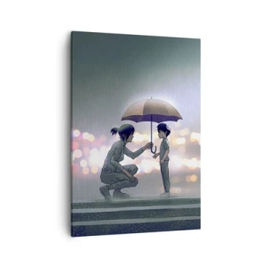 Quadro su tela - Stampe su Tela - Una figura con un ombrello che protegge un bambino sullo sfondo delle luci notturne. - 50x70cm - E già tutto va bene - Decorazione murale moderna per soggiorno e camera da letto ARTTOR