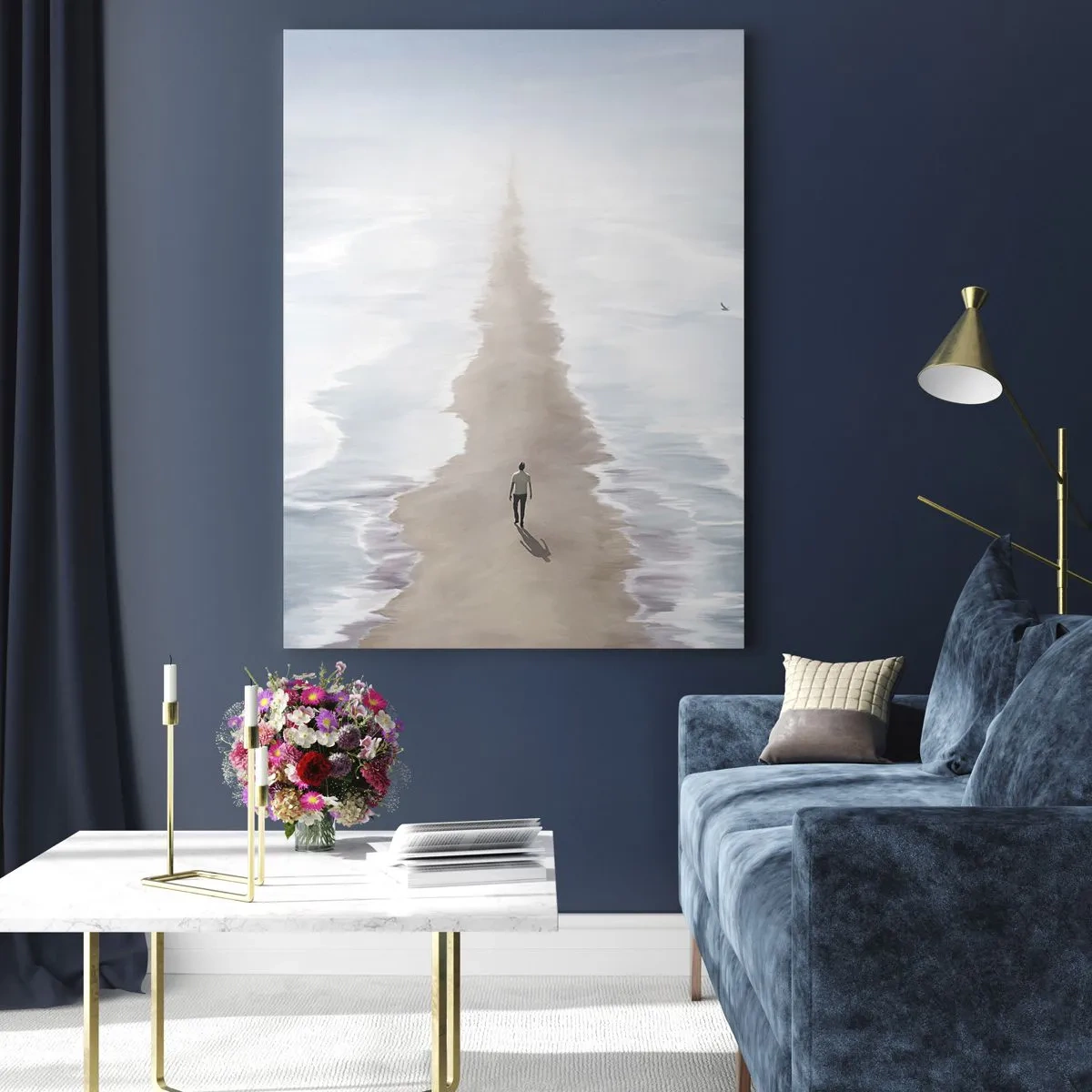 Quadro su vetro - Una figura su una strada solitaria in mezzo a un vasto paesaggio acquatico - 80x120cm - Un futuro luminoso - Decorazione murale moderna per soggiorno e camera da letto ARTTOR