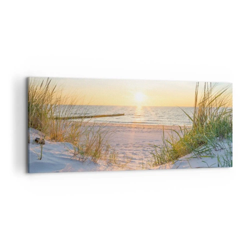 Quadro su tela - Stampe su Tela - Una spiaggia sabbiosa con vista sul tramonto sul mare - 120x50cm - Rumore del mare, uccelli che cantano, spiaggia selvatica tra i cespugli... - Decorazione murale moderna per soggiorno e camera da letto ARTTOR