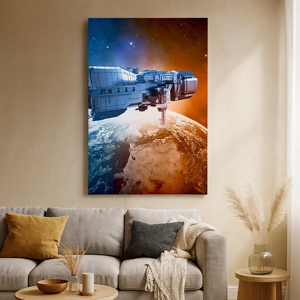 Quadro su tela - Stampe su Tela - Un'astronave sullo sfondo di un pianeta nello spazio - 50x70cm - Un attento osservatore - Decorazione murale moderna per soggiorno e camera da letto ARTTOR
