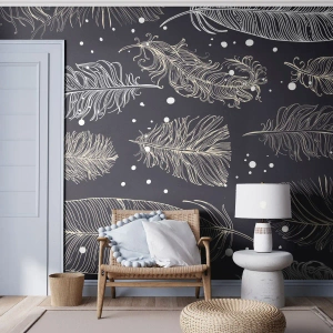 Fotomurali Premium Canvas - Delicate piume bianche su sfondo blu navy - 100x70cm - Pizzo piumato - Decorazione murale moderna per soggiorno e camera da letto ARTTOR