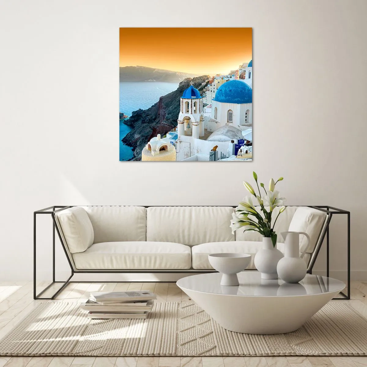 Quadro su vetro - Santorini: aggrappate alle rocce - 70x70 cm