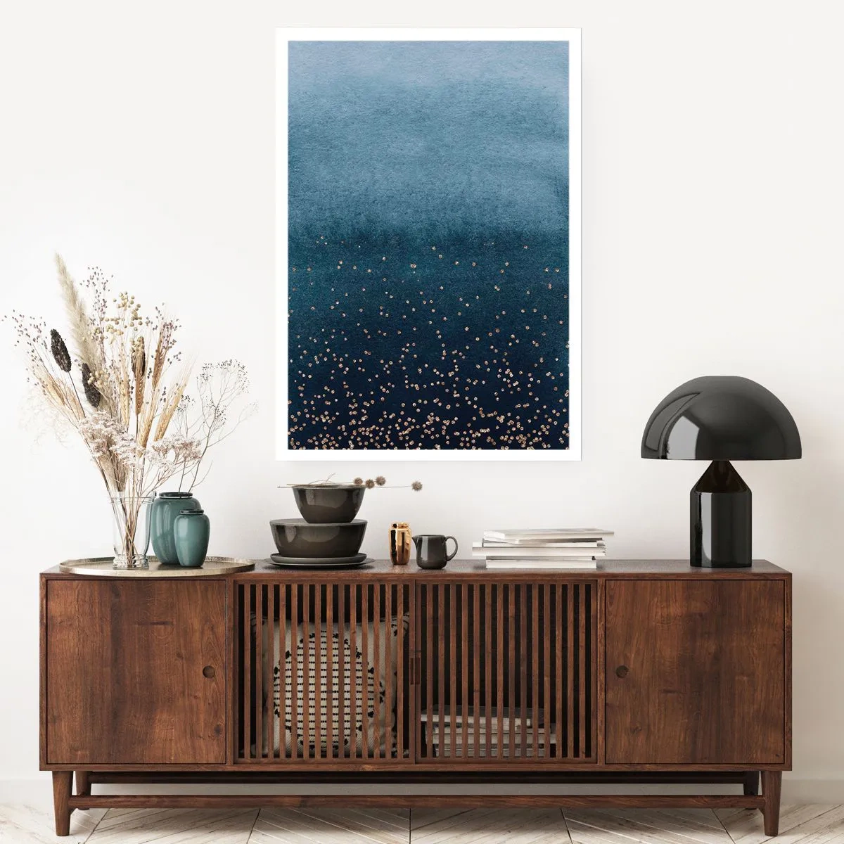 Poster - Sfumatura blu con accenti dorati - 50x70cm - Composizione: fasi blu - Decorazione murale moderna per soggiorno e camera da letto ARTTOR