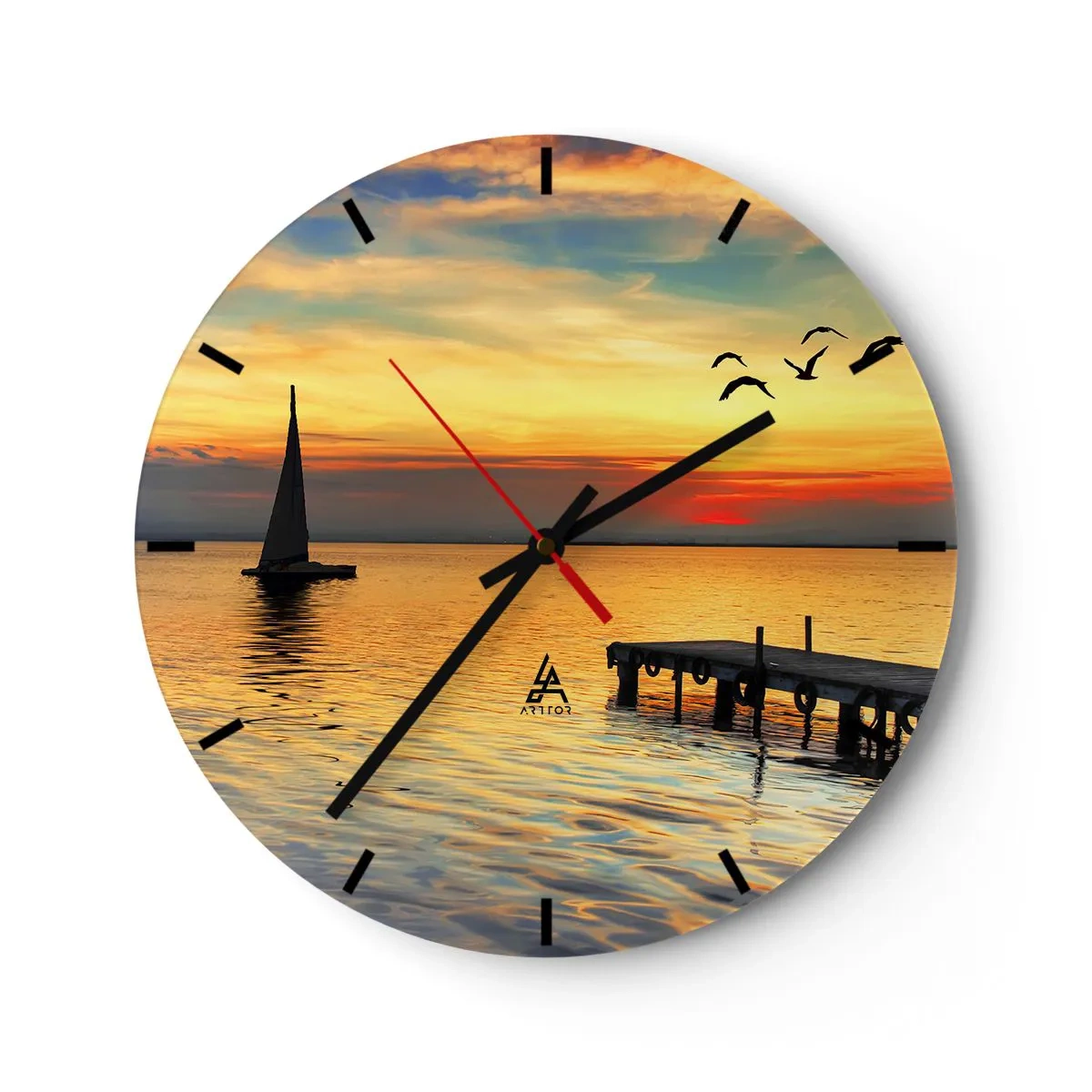 Orologio da parete - Orologio in Vetro - Yacht al tramonto con molo e uccelli - 30x30cm - Il ritorno alla sera - Decorazione murale moderna per soggiorno, cucina e camera da letto ARTTOR