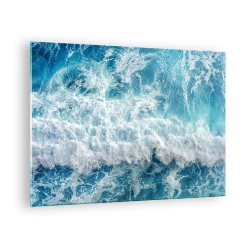 Quadro su vetro - Onde blu che si infrangono sulla riva - 70x50cm - Con gioia e saltellando - Decorazione murale moderna per soggiorno e camera da letto ARTTOR