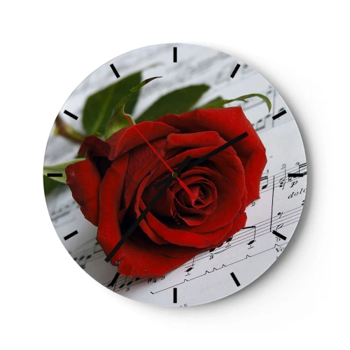 Orologio da parete - Orologio in Vetro - Una rosa rossa su uno sfondo di note musicali - 30x30cm - La musica dei sentimenti in scarlatto - Decorazione murale moderna per soggiorno, cucina e camera da letto ARTTOR