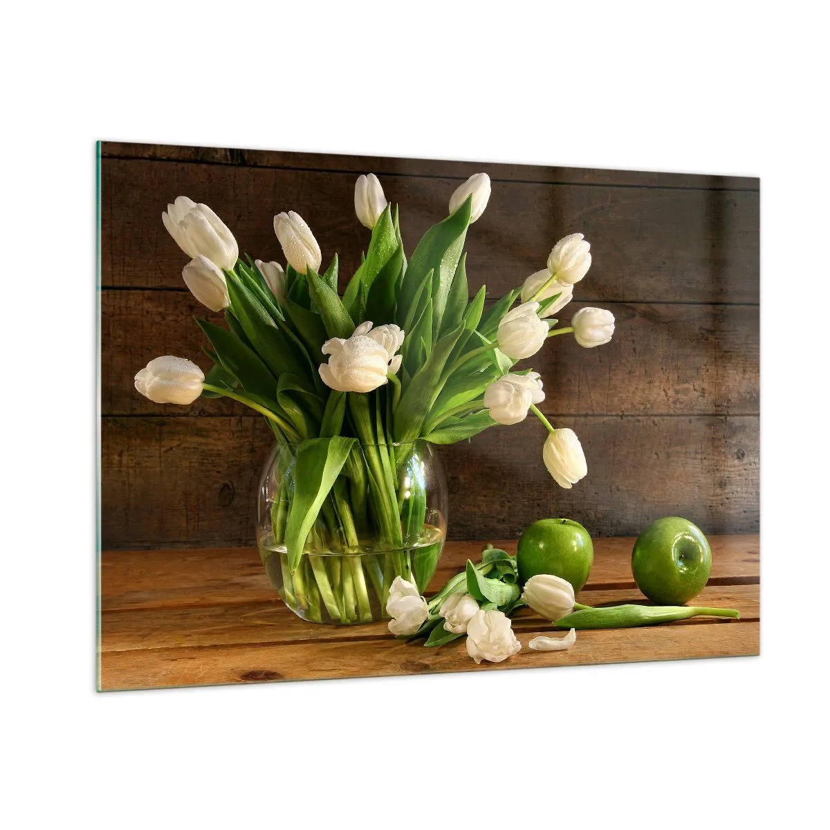 Quadro su vetro - Un vaso di tulipani bianchi e mele verdi su un tavolo di legno - 100x70cm - Freschezza in verde e bianco - Decorazione murale moderna per soggiorno e camera da letto ARTTOR