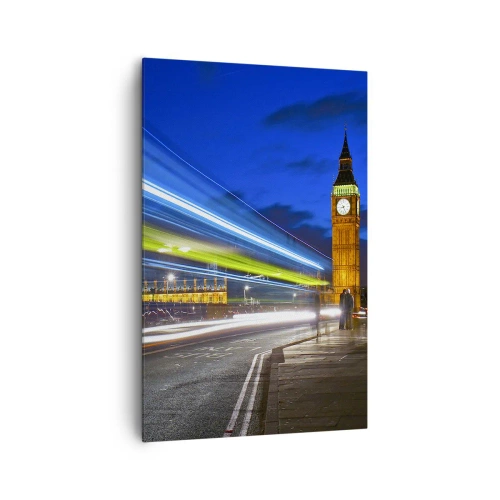 Quadro su tela - Stampe su Tela - Big Ben di notte con l'effetto delle luci nel traffico stradale - 80x120cm - Sotto lo sguardo del Big Ben - Decorazione murale moderna per soggiorno e camera da letto ARTTOR